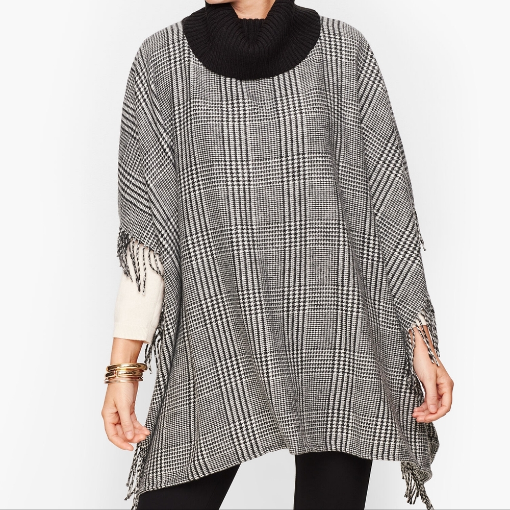 NWT Talbot's Black & White Poncho (Houndstooth Plaid, Fringed, Cowl Neck) M/L